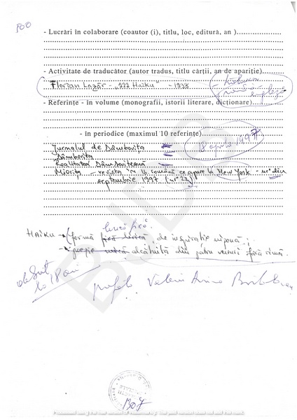 M-1307-2 - Fisa de scriitor BUICĂ FLORENTINA